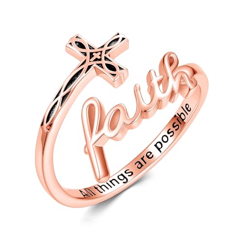 Cross Rings Faith Ring 925 Sterling Silver Adjustable Cross Wrap Ring Christian Fashion Band for Women - color: C-Rose Gold