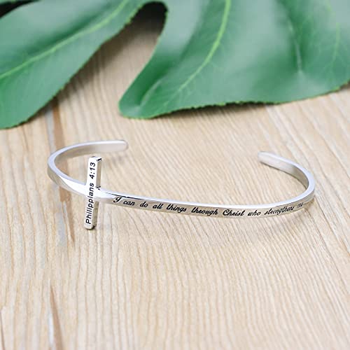 Memgift 𝐂𝐫𝐨𝐬𝐬 𝐁𝐫𝐚𝐜𝐞𝐥𝐞𝐭 Religious Cuff Bangle 𝐁𝐢𝐛𝐥𝐞 𝐕𝐞𝐫𝐬𝐞 Christian Gifts Jewelry for 𝐖𝐨𝐦𝐞𝐧 - style: Silver cuff-I can do all things through Christ who strengthens me -Philippians 4:13