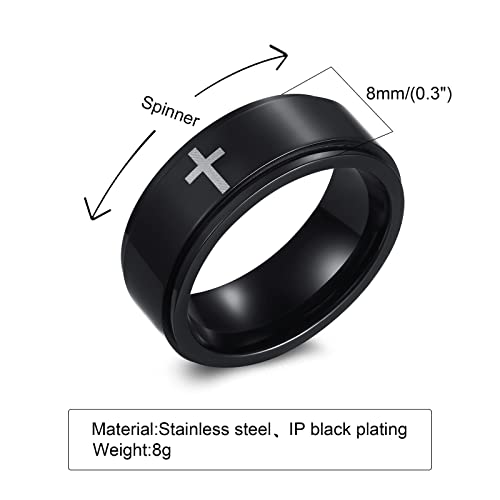 6mm/8mm Titanium Steel Black/Silver/Gold Fidget Ring Engraved Small Cross Stainless Steel Spinner Rings Stress Relieving Anxiety Ring Engagement Wedding Promise Band for Women Men Size 5-15 - color: 8mm Black