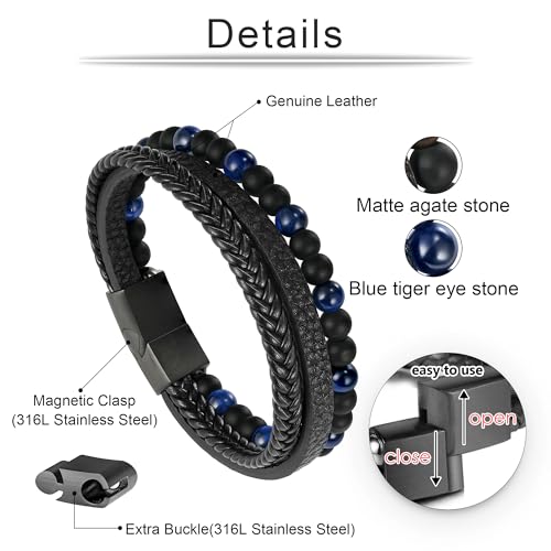 Beaded Leather Bracelets - Gifts for Men, 6mm Tiger Eye Lava Rock Stone Beads Braided Leather Bracelet Handmade Mens Bracelet With Adjustable Magnetic Clasp - color: Black-10