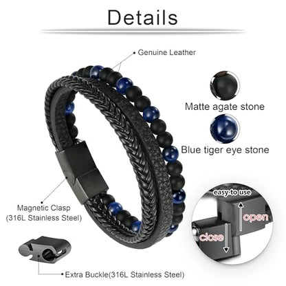 Beaded Leather Bracelets - Gifts for Men, 6mm Tiger Eye Lava Rock Stone Beads Braided Leather Bracelet Handmade Mens Bracelet With Adjustable Magnetic Clasp - color: Black-10