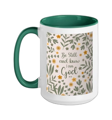 Be Still & Know That I Am God Psalm Bible Verse Floral Women Ceramic Mug, Dark Green/White, 15oz - color: Dark Green/White, size: 15 Ounces
