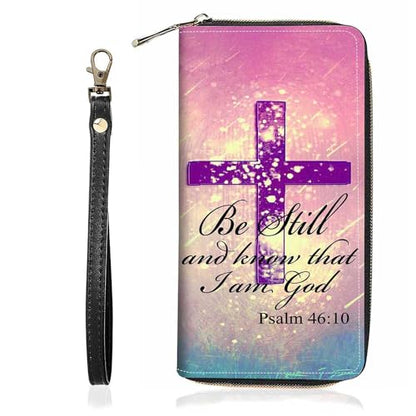 Christian Cross Bible Verse Psalm 46:10 Print Wallet for Women Large Capacity Wallet Credit Card Holder PU Leather Zipper Clutch Purse Phone Wallet - color: Christian Cross Bible Verse Psalm 46:10