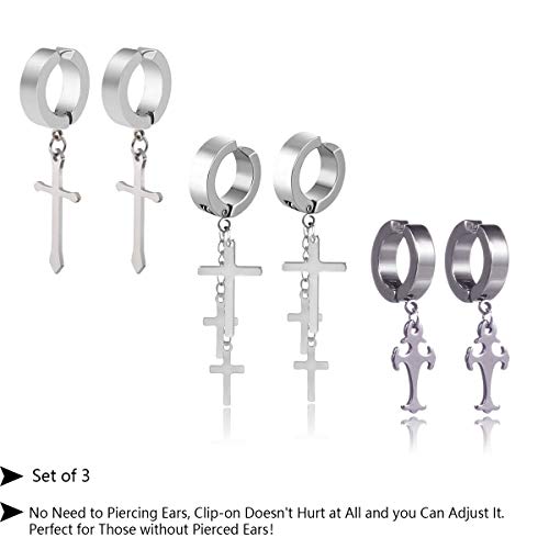 Non-pierced Earrings Set for Men Women Cross Titanium Steel Hoop Dangle Clip On Earring - style: set of silver