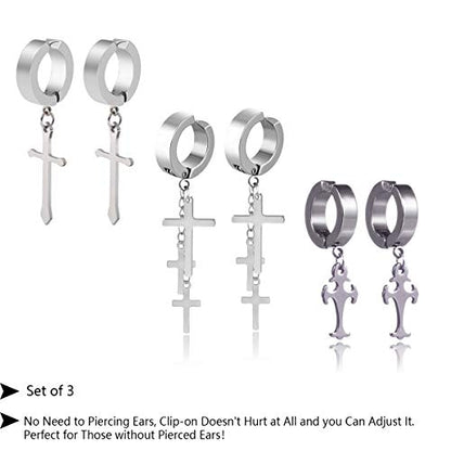 Non-pierced Earrings Set for Men Women Cross Titanium Steel Hoop Dangle Clip On Earring - style: set of silver
