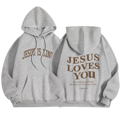 Sulayesh Christian Jesus Loves You Hoodies Women Religious Faith God Jesus Is King Sweatshirts Bible Verse Inspirational Tops - color: Gray, size: XX-Large