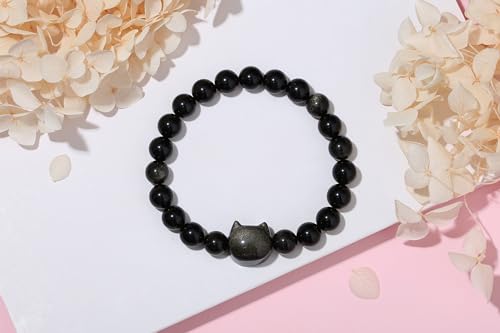 XIANNVXI Crystal Bracelet for Women Men 8 mm Natural Stone Beaded Bracelets Cat Bracelets Cross Bracelets Heart Bracelelt Jewelry for Women Birthday Gifts Stretch Bracelet - color: Gold Sheen Obsidian