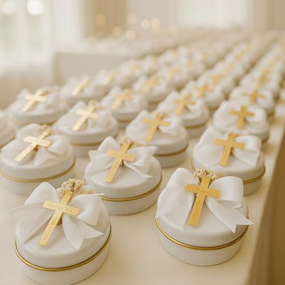 Christening & Baptism Candle Favor Set – Personalized Cross Ribbon Candles for Guests