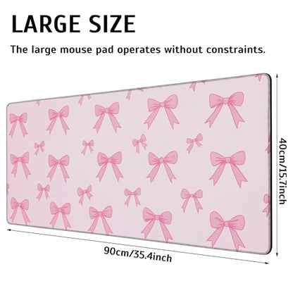 Pink Bow Mouse Pad,35.4 x 15.7 Inch Large Mouse Mat Non-Slip Rubber Stitched Edges for Writing Desk,Office,Home,Laptop - color: Pink Bow, size: 35.4L x 15.7W inches