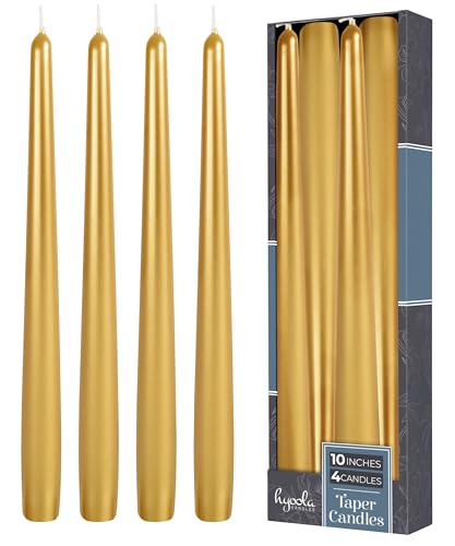 Hyoola Tall Taper Candles - 10 Inch Metallic Gold Unscented Dripless Taper Candles - 8 Hour Burn Time - 4 Pack - color: Metallic Gold, size: 10 Inch
