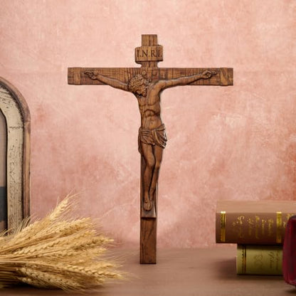 9.84in Handmade Catholic Wooden Wall Crucifix, Baptism Religious Faith Gift - size: 9.8"L x 7.2"W