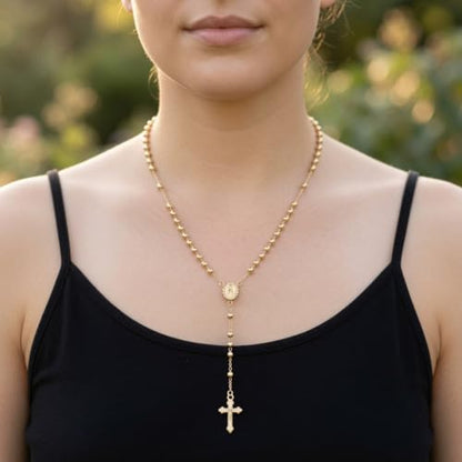 Nazareth Store 18K Gold Plated Rosary Necklace Our Lady of Guadalupe Rosaries Bead Cross Y Necklace Chain for Women - size: 3 Mm Gold