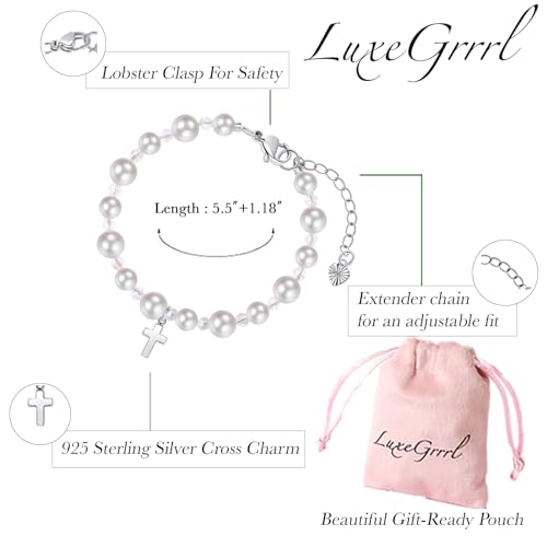 Pearl Cross Bracelets for Girls, Sterling Silver Baby Bracelet, Baptism Gifts for Girl, Christening and First Communion Christian Jewelry Gift for Kids