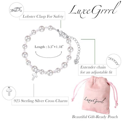 Pearl Cross Bracelets for Girls, Sterling Silver Baby Bracelet, Baptism Gifts for Girl, Christening and First Communion Christian Jewelry Gift for Kids