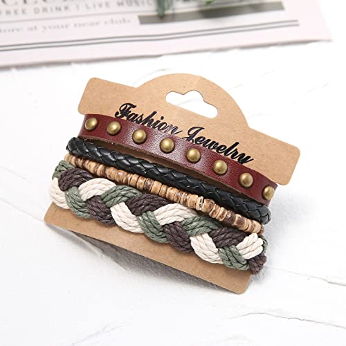 HZMAN Handmade Hemp Cords Wood Beads Leather Bracelets for Men Women - style: Cross Braided