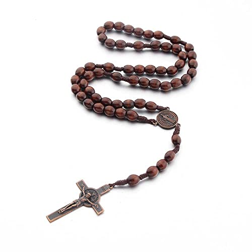 COLORFUL BLING Natural Wooden Catholic Rosaries Wood Crucifix Prayer Beads Pendant Necklace Prayer Jesus Religious Cross Rosary Necklace Handmade Jewelry - color: brown