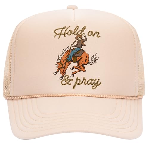 Hold On & Pray Trucker Hat | Christian Jesus God Blessed Faith Cowboy | Premium Snapback Hat for Men & Women - color: Tan