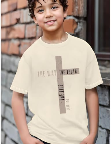 Christian Shirts for Boys Jesus Cross Casual Tops - color: Apricot, size: 7-8 Years