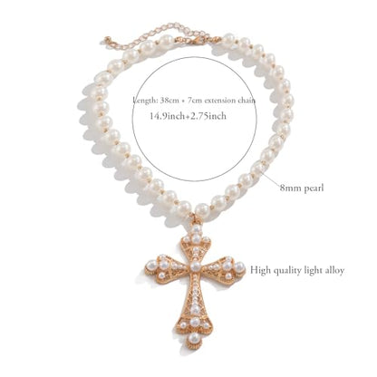 Pearl Cross Necklace Big Cross Pendants Necklaces for Women Chunky Pearl Necklace Gothic Cross Necklace Punk Vintage Cross Jewelry Women - style: Punk