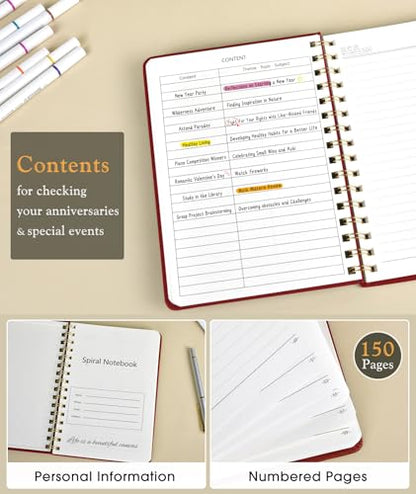 Lined Spiral Journal Notebook, A5 Hardcover Spiral Journals for Women Men, 150 Numbered Pages Spiral Bound Notebook, 100 GSM College Ruled Notebooks for Writing Note Taking 5.75" x 8.38", Wine Red - color: Wine Red