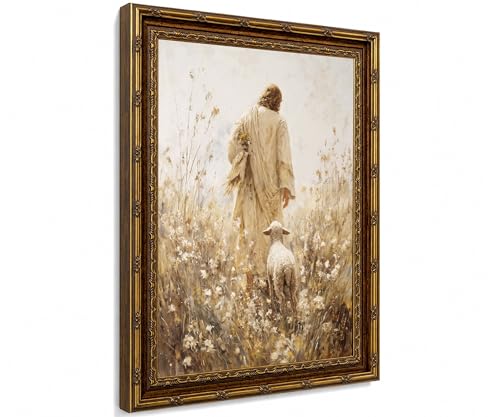 Vintage Gold Framed Jesus Wall Art Jesus and Lamb Religious Canvas Print - color: yellow Jesus and the Little Lamb, size: 8x10 Inches