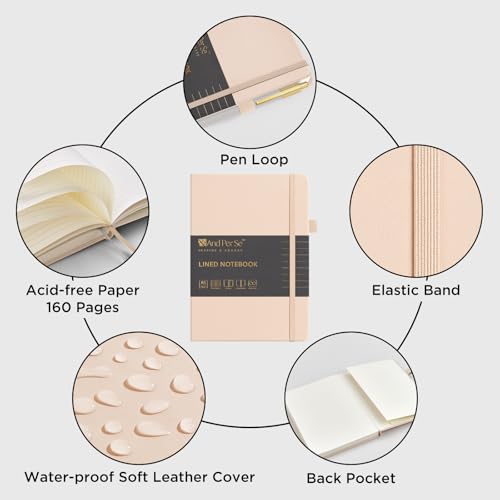 &And Per Se Lined Journal and Pen Set, A5 Leather Hardcover Notebook with Pen & Stationary Set, 160 Pages 100GSM Thick Ruled Paper Journal for Business Work Writing (Light Apricot) - color: Light Apricot