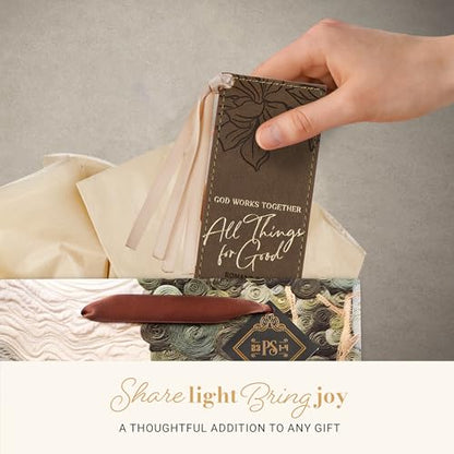 Christian Art Gifts Faux Leather Scripture Bookmark: All Things for Good - color: Brown Floral/All Things