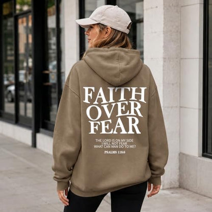 Wrenpies Faith Over Fear Hoodie for Women Christian Jesus Bible Verse Sweatshirt God Religious Oversized Tops - color: Coffee, size: X-Large