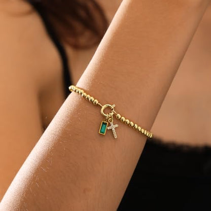 Korotho Cross Birthstone Bracelet for Women - Dainty Elastic 14K Gold Plated Bead Bracelets Trendy Waterproof Non Tarnish Birthday Jewelry Gifts Birthday Christmas Stocking Stuffer for Mom Friends - color: 03-March(Aquamarin)