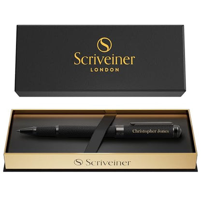 Scriveiner All Black Rollerball Pen - Stunning Luxury All Metal Matt Black Pen, Schmidt Ink Refill, Best Roller Ball Gift Set for Men & Women, Professional, Executive Office, Custom Name Engraving - color: AllBlack (Personalized)