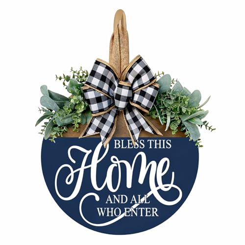 Bless This Home Welcome Sign for Front Door, Rustic Wood Wall Decor Porch Wreaths Hanging Door Decorations for Home Outdoor for Spring Summer Fall All Seasons Holiday - color: Blue-14 Inch