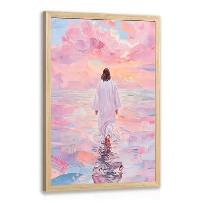 FASWQ Wood Framed Pink Jesus Walking on Water Wall Art 16x24 in - color: JesusBack(Wood), size: 24"L x 16"W