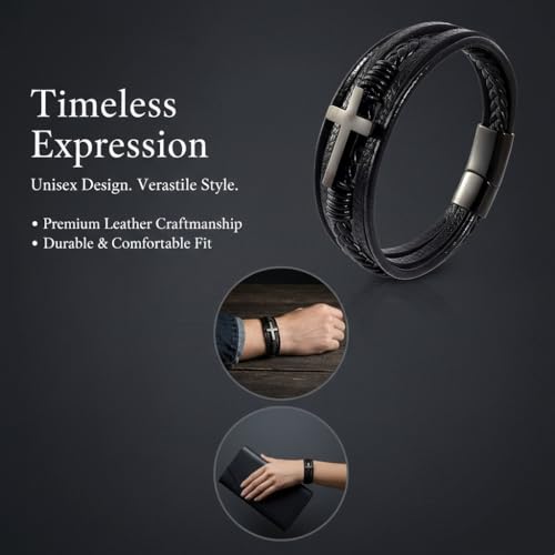 Stainless Steel Braided Leather Bracelet for Men Cuff Bangle Cross - color: 1-black