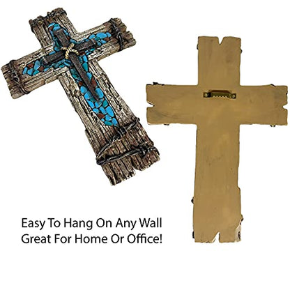 Urbalabs Western Distressed Railroad Spike Teal Barbwire Country Ranch Wall Decor 12 Christian Wall Cross Decor Marriage Gifts Tooled Wall Hanging Crosses Turquoise Gem Stone