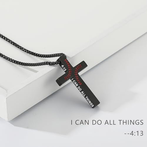 Baseball Bible Verse Cross Necklace for Boys Men, Stainless Steel Cross Pendant Baseball Game Day Christian Religious Jewelry Gifts for Teen Boys Kids - color: Black, style: PHILIPPIANS 4:13