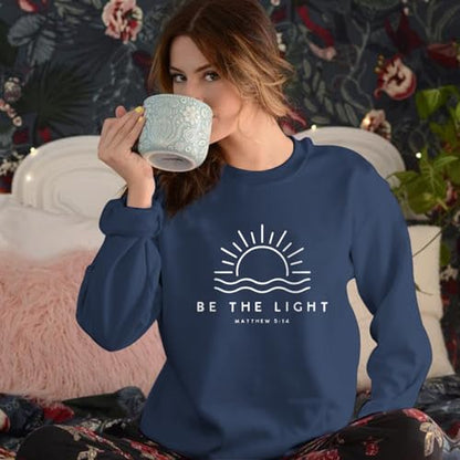 Sulayesh Christian Be The Light Sweatshirts for Women Religious Faith Jesus Bible Verse Graphic Shirts Loose Pullover Tops - color: Gray Blue, size: Medium