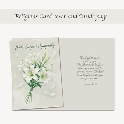 With Deepest Sympathy Card, Single Card – White Lily Bouquet and Feathers on Sage – 5x7 Religious Condolence Card With Envelope for Funeral, Bereavement and Loss - color: With Deepest Sympathy