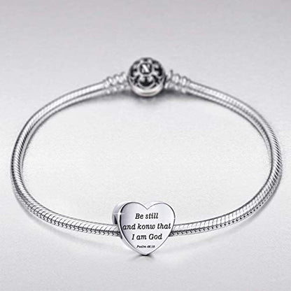 Heart Charm Fit Pandora Charms Bracelet Christian Bible Verse Charm Prayer Faith Religious Charms Gifts for Women - style: Be still and konw that I am God Psalm 46:10