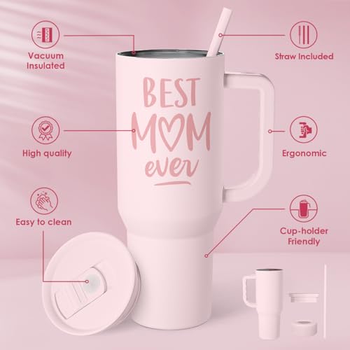 SANDJEST Gift for Mom - Best Mom Stainless Steel Tumbler with Handle, Travel Coffee Mug for Moms - Gifts for Birthday Christmas Mothers Day, 40oz - color: Mom 4