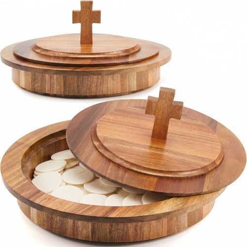 Zhehao 1 Pcs Wood Communion Bread Plate for Church Holy Communion Wafer Tray with Lid Elegant Worship Serving Plate for Church Service Ceremony (Acacia Wood Style) - style: Acacia Wood Style