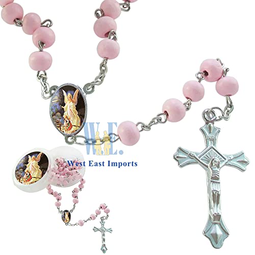 WE First Communon Baptism Pink Scented Rosary Favor - 12 Guardian Angel Rosaries with individual Gift Box and Decorated Pouches