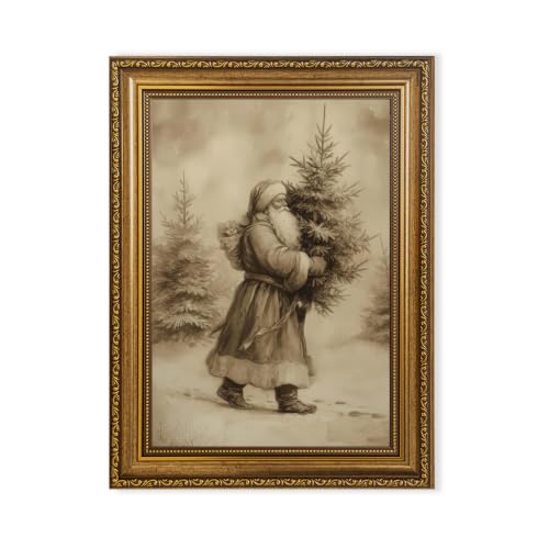 Fantasy Artists Christmas Framed Canvas Wall Art, Vintage Santa Claus Carrying Christmas Tree Gold Frame Print, Classic Holiday Wall Decor for Living Room Bedroom Entryway, Ready to Hang, 12" Wx16 H - color: Santa Claus, size: 16"L x 12"W