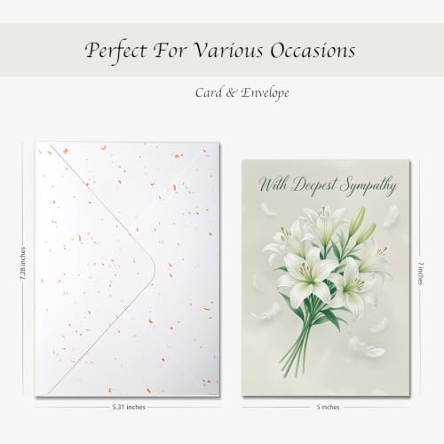 With Deepest Sympathy Card, Single Card – White Lily Bouquet and Feathers on Sage – 5x7 Religious Condolence Card With Envelope for Funeral, Bereavement and Loss - color: With Deepest Sympathy