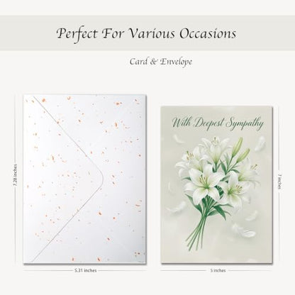 With Deepest Sympathy Card, Single Card – White Lily Bouquet and Feathers on Sage – 5x7 Religious Condolence Card With Envelope for Funeral, Bereavement and Loss - color: With Deepest Sympathy