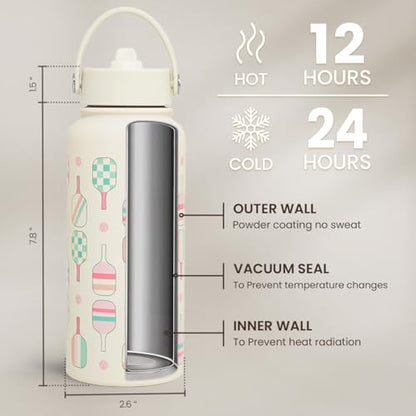 SANDJEST Pickleball Water Bottle 32oz Stainless Steel Insulated Vaccum with Lid, Pickleball Gifts for Pickleball Players, Pickleball Lovers, Women Girls Ladies - color: Pickleball