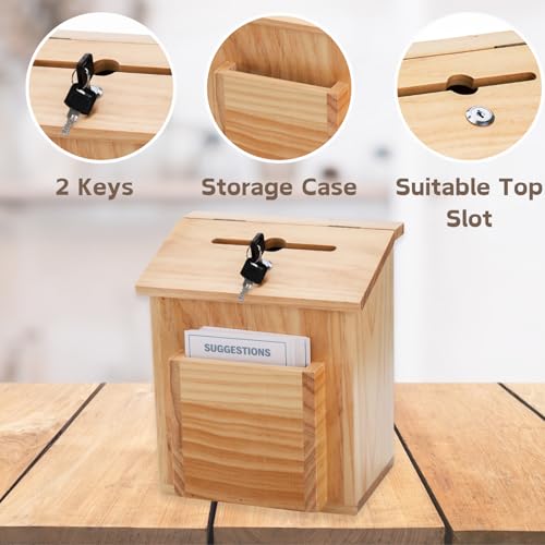 ZENFUN Wooden Suggestion Box with 50 Free Suggestion Cards, Natural Pinewood Ballot Comment Box Donation Box with Locking Hinged Lid for Countertop or Wall Mounted, 8.6" x 6.8" x 10"