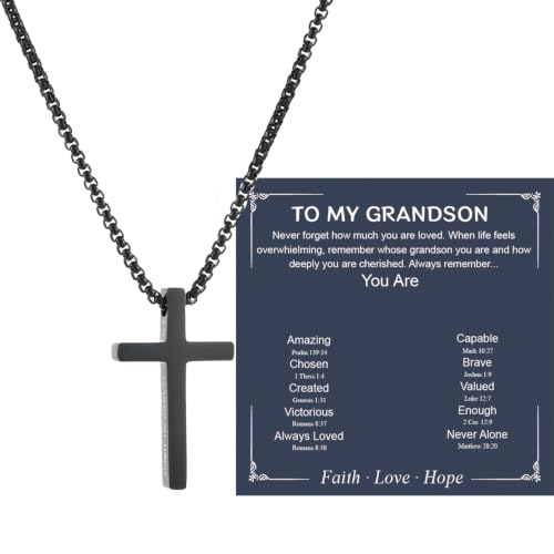 Small Cross Necklace for Boys Baptism Christmas Confirmation Valentines Easter Birthday Gifts to Teens Son Grandson Nephew - color: black, style: Grandson-1