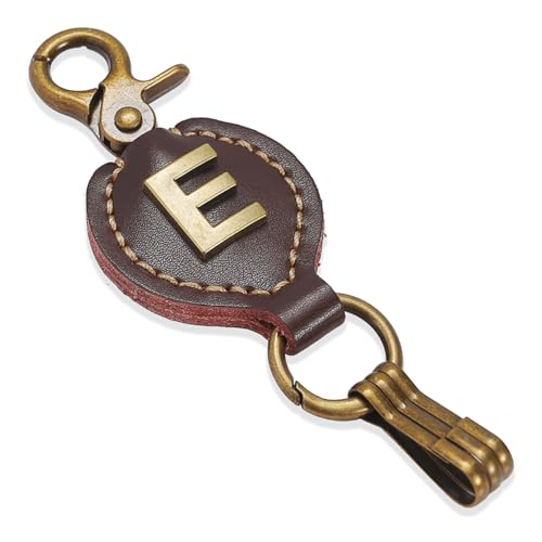 Initial Letter Keychain Brown Leather Alphabet Keychain with Easy Clasp, Key Car Key Bag Key Ring for Women Mens - color: E