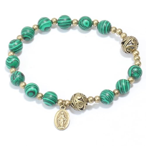 Nazareth Store Stone Beads Rosary Bracelet with Metal Separators and Catholic Medal - Durable and Elegant Wrist Jewelry - color: Malachite
