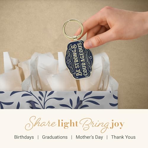 Christian Art Gifts Inspirational Scripture Keychain Accessory for Men & Women: Strong & Courageous Encouraging Bible Verse, Chic, Stylish & Sturdy for Key Rings, Lanyards, Backpacks, Navy Blue & Gold